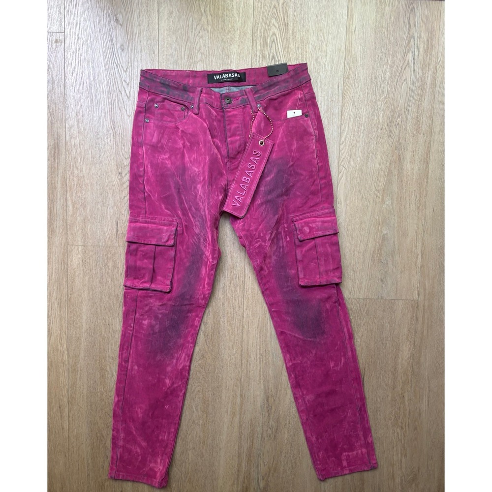 Valabasas Luxe Pink Cargo Pants Mens 34 Distressed Oil Wash Slim Fit Denim New